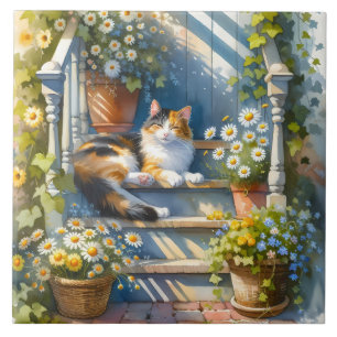 Carreau Chat calicot sur une véranda fleurie Cottagecore