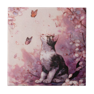 Carreau Chat curieux aux yeux dorés et fleurs roses