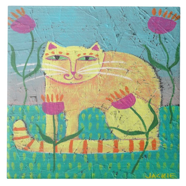 Carreau Chat dans le jardin Peinture Abstraite (Devant)