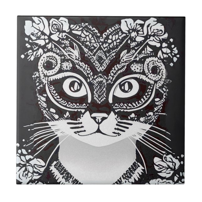 Carreau Chat dans un Masque Mardi Gras noir et blanc (Devant)