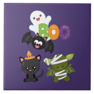 Carreau Chat de Cute Halloween, bat, mummy et ghost