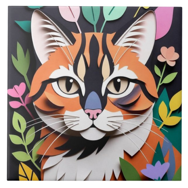 Carreau Chat de la forêt fantaisiste en papier découpé (Devant)