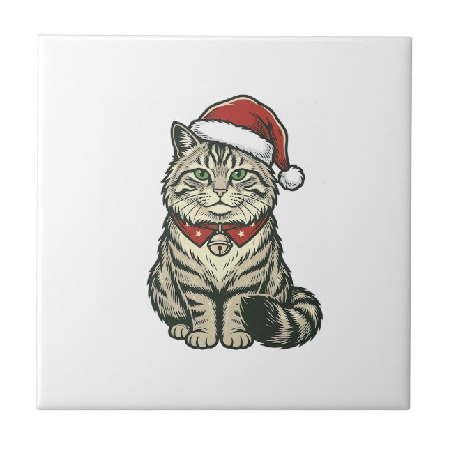 Carreau Chat de Noël Chapeau de Père Noël Dessin de Gravur (Devant)