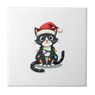 Carreau Chat de Noël Smoking chat noir Noël lumières minou