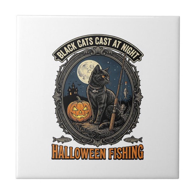 Carreau Chat de pêche Halloween Design de citrouille vinta (Devant)