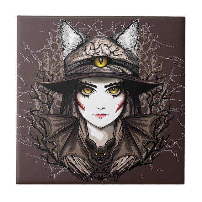 Carreau Chat de sorcière Halloween Déplaisant Portrait mig (Devant)