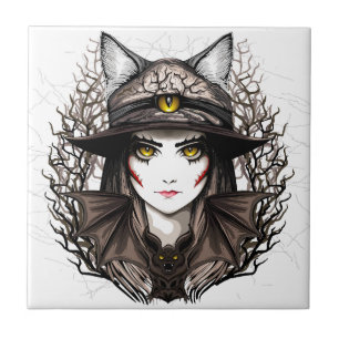 Carreau Chat de sorcière Halloween Déplaisant Portrait mig