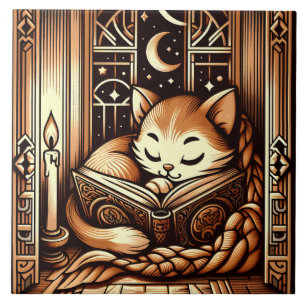 Carreau Chat de style Art Déco dormant avec un livre