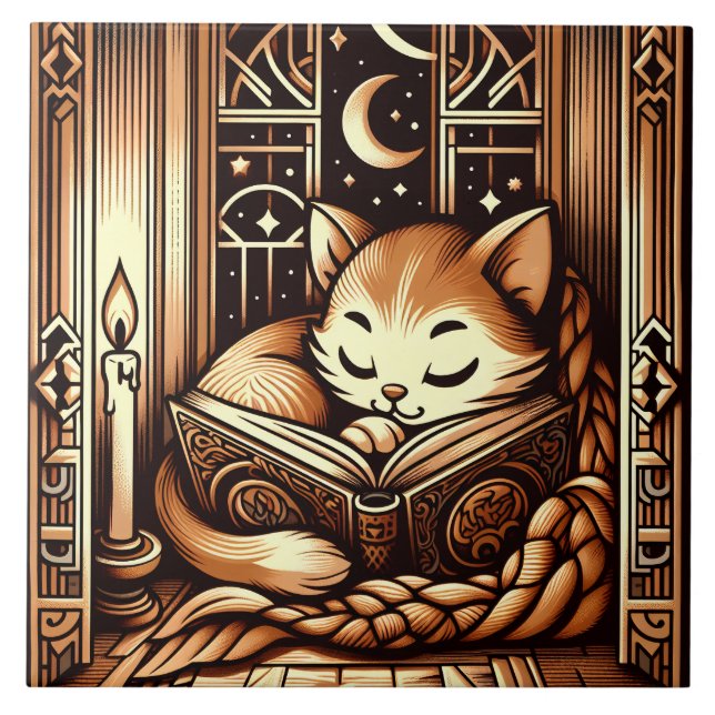 Carreau Chat de style Art Déco dormant avec un livre (Devant)