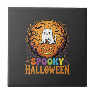 Carreau Chat d'Halloween Citrouille Lune Design Vintage