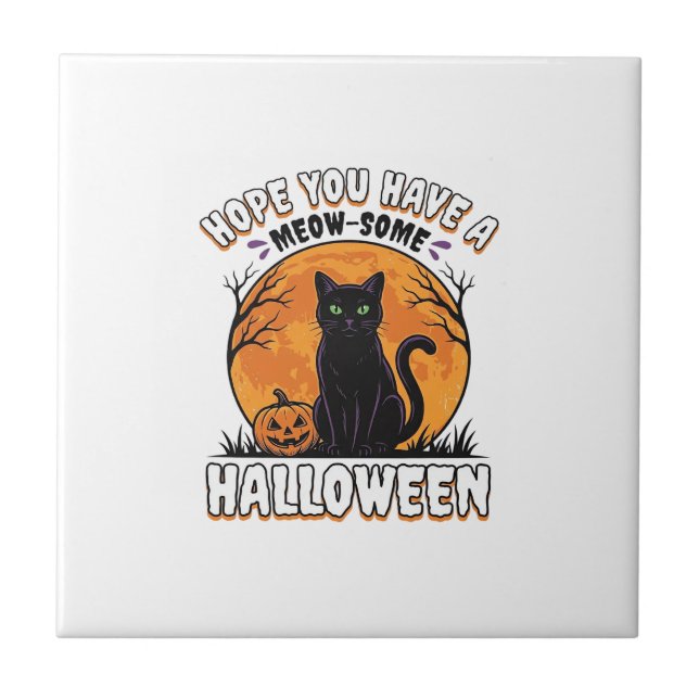 Carreau Chat d'Halloween Meow-Some Dessin de gravure vinta (Devant)
