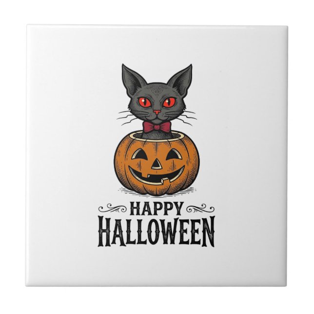 Carreau Chat d'Halloween Mignon Citrouille Vintage Épouvan (Devant)