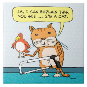 Carreau Chat drôle avec l'oiseau et la scie à métaux