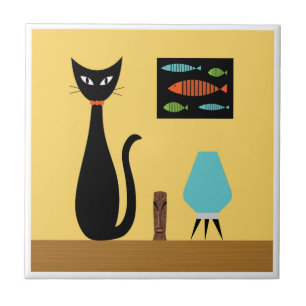 Carreau Chat du milieu du siècle avec poisson rétro sur ja