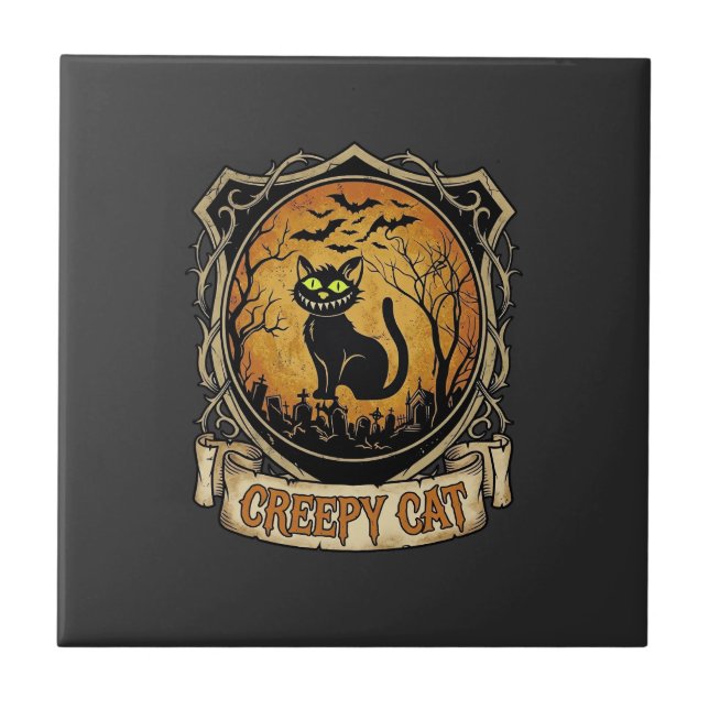 Carreau Chat effrayant Halloween Chauve-souris de cimetièr (Devant)