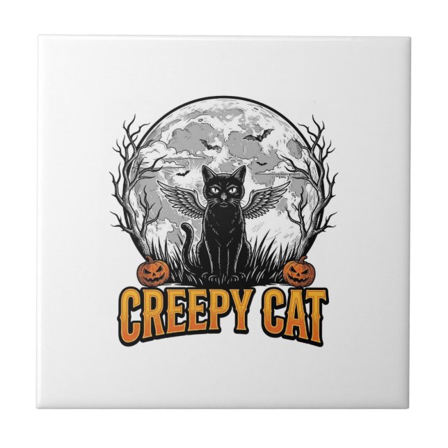 Carreau Chat effrayant Halloween Dessin de gravure vintage (Devant)