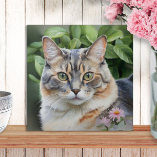 Carreau Chat élégant tortie dilué dans un jardin 