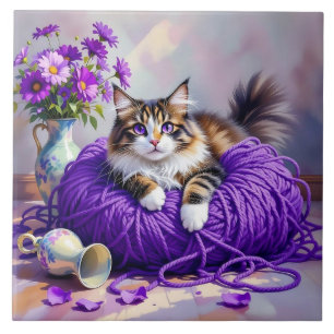Carreau Chat en fil de pourpre et fleurs