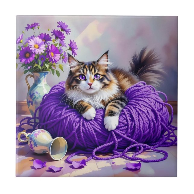Carreau Chat en fil violet et fleurs   (Devant)