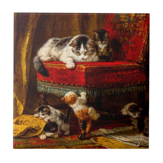 Carreau Chat et chatons Jouer avec chaise (Devant)