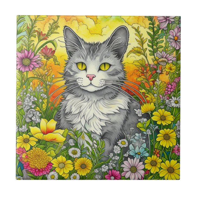 Carreau Chat et Fleurs Whimsical (Devant)