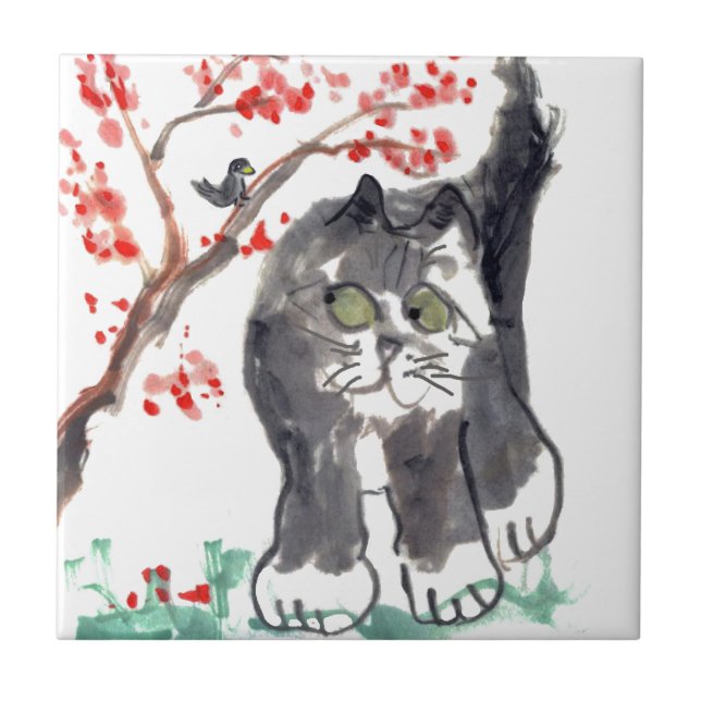Carreau Chat et oiseau de fleurs de cerisier (Devant)