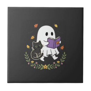 Carreau Chat fantôme d'Halloween lisant un livre floral De