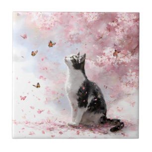 Carreau Chat Fleur de Cerisier et Papillons (1)