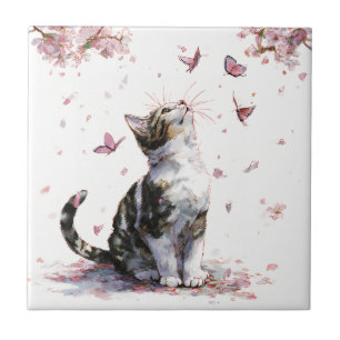 Carreau Chat Fleur de Cerisier et Papillons (10)