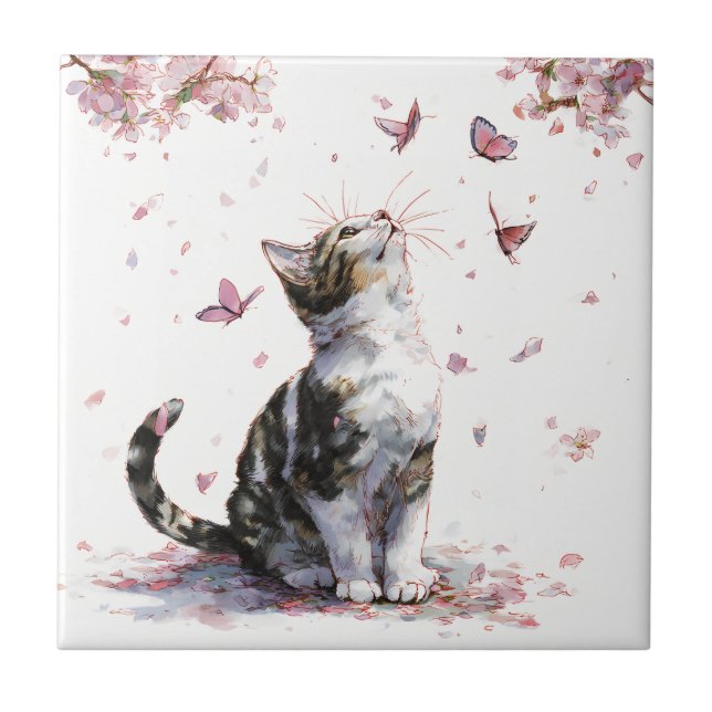 Carreau Chat Fleur de Cerisier et Papillons (10) (Devant)