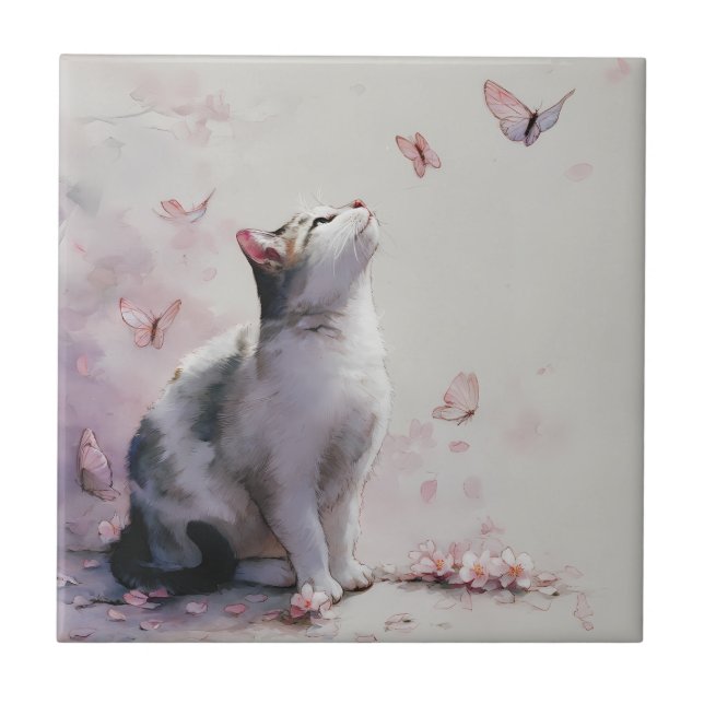 Carreau Chat Fleur de Cerisier et Papillons (13) (Devant)