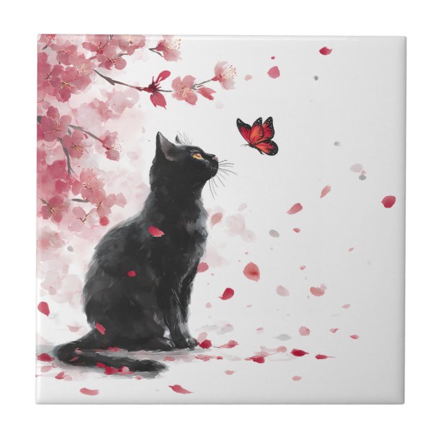 Carreau Chat Fleur de Cerisier et Papillons (14) (Devant)