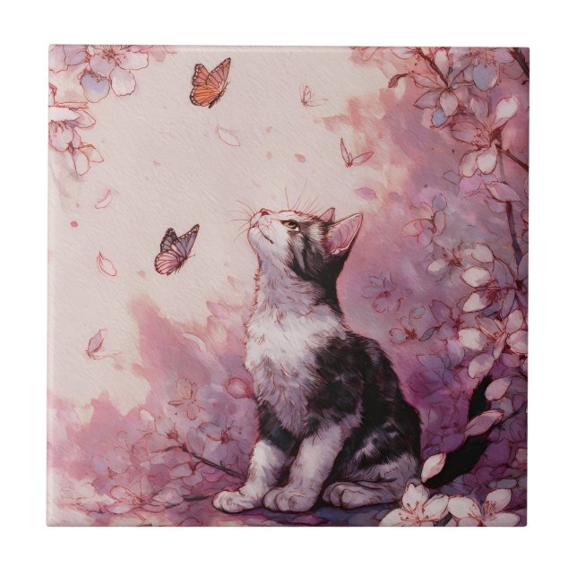 Carreau Chat Fleur de Cerisier et Papillons (2) (Devant)