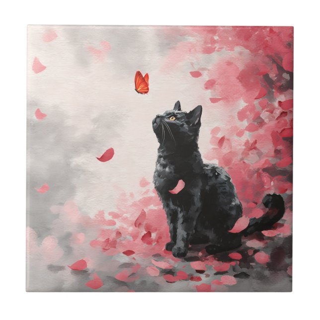 Carreau Chat Fleur de Cerisier et Papillons (3) (Devant)