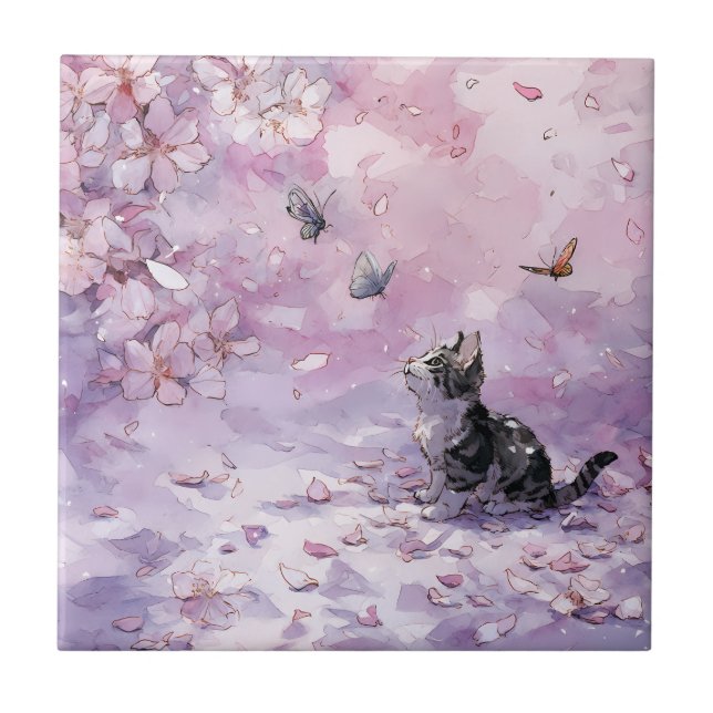 Carreau Chat Fleur de Cerisier et Papillons (5) (Devant)