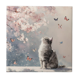 Carreau Chat Fleur de Cerisier et Papillons (6)