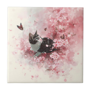 Carreau Chat Fleur de Cerisier et Papillons (8)