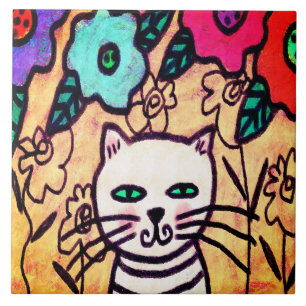 Carreau Chat funky avec fleurs Art Abstrait
