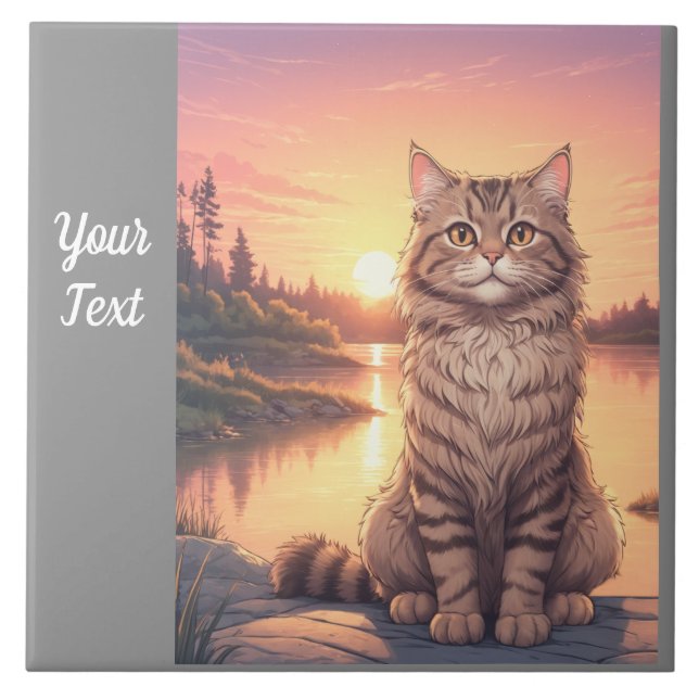 Carreau Chat Gris Tabby au bord du Lac (Devant)