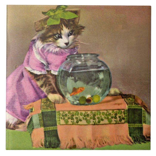 Carreau chat habillé et bol de poisson (Devant)