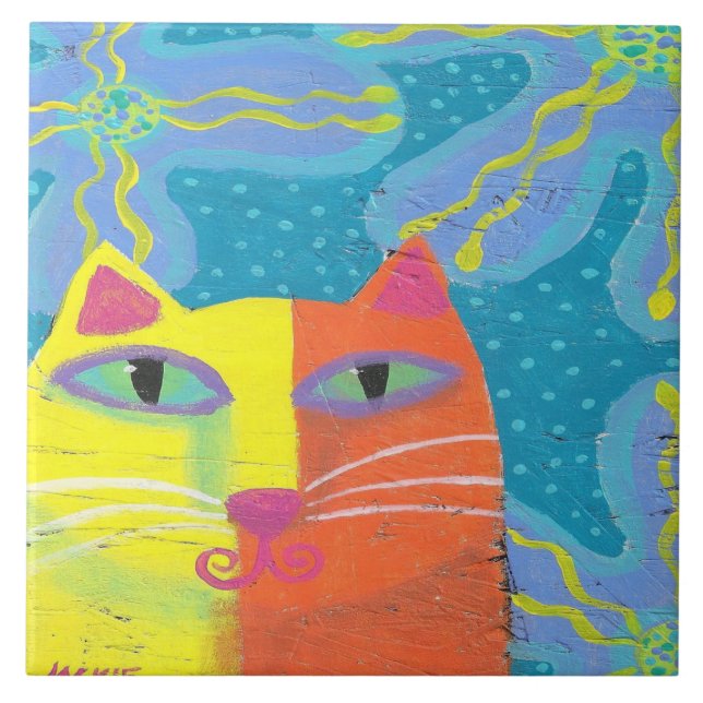 Carreau Chat jaune avec fleurs violettes Peinture abstrait (Devant)