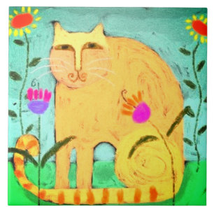 Carreau Chat jaune dans le jardin Peinture Abstraite