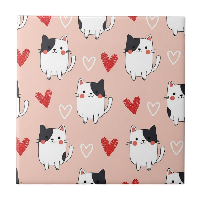 Carreau Chat Kawaii & Motif de la Saint-Valentin Cœurs (1) (Devant)