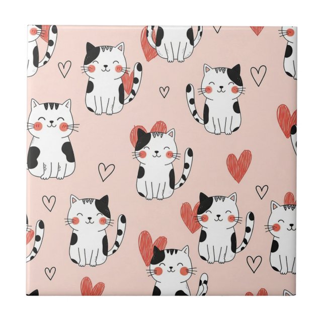 Carreau Chat Kawaii & Motif de la Saint-Valentin Cœurs (11 (Devant)