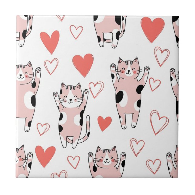 Carreau Chat Kawaii & Motif de la Saint-Valentin Cœurs (8) (Devant)