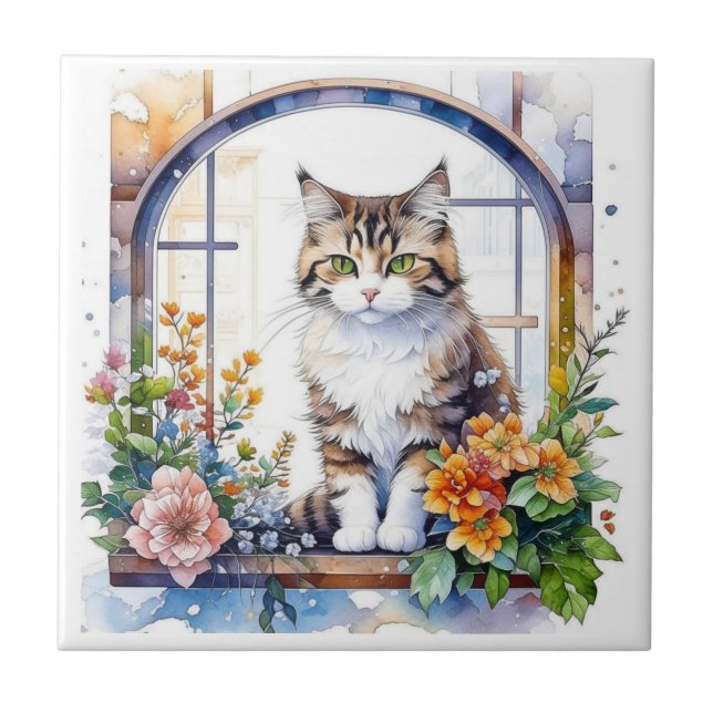 Carreau Chat Kitty en fenêtre de fleurs (Devant)