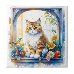 Carreau Chat Kitty en fenêtre de fleurs