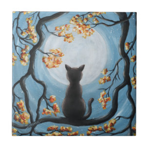 Carreau Chat lunatique dans la peinture de Pleine lune