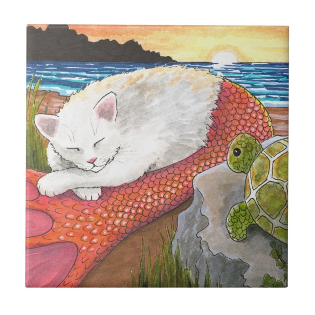 Carreau Chat Mermaid 26 Merkitty sur la plage avec tortue (Devant)