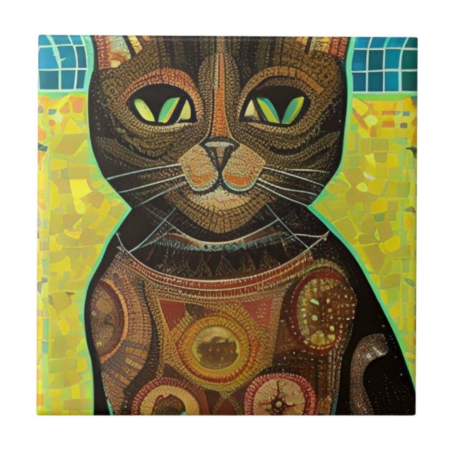 Carreau Chat mosaïque marocaine art abstrait marron chatte (Devant)